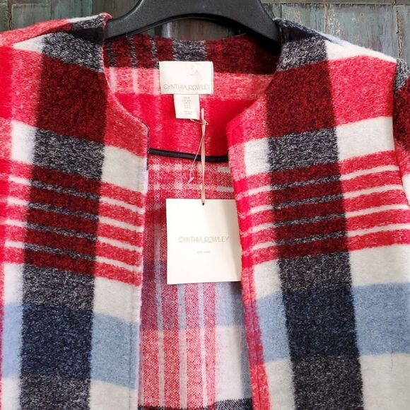 CYNTHIA ROWLEY Crew Neck Red Multicolor Plaid Wool Blend Tweed Coat, Size Small - Picture 5 of 8